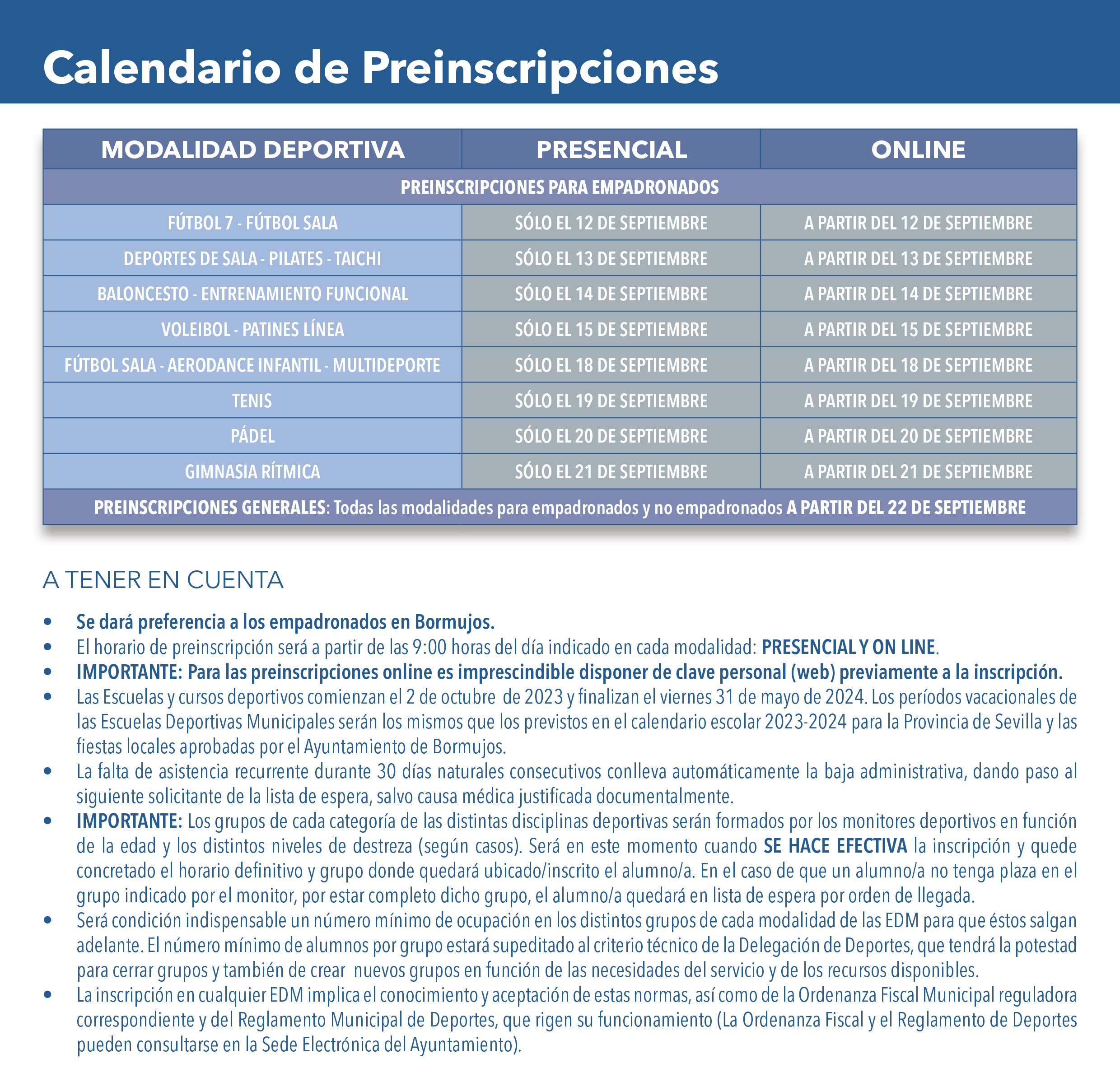 CALENDARIO PREINSCRIPCIONES